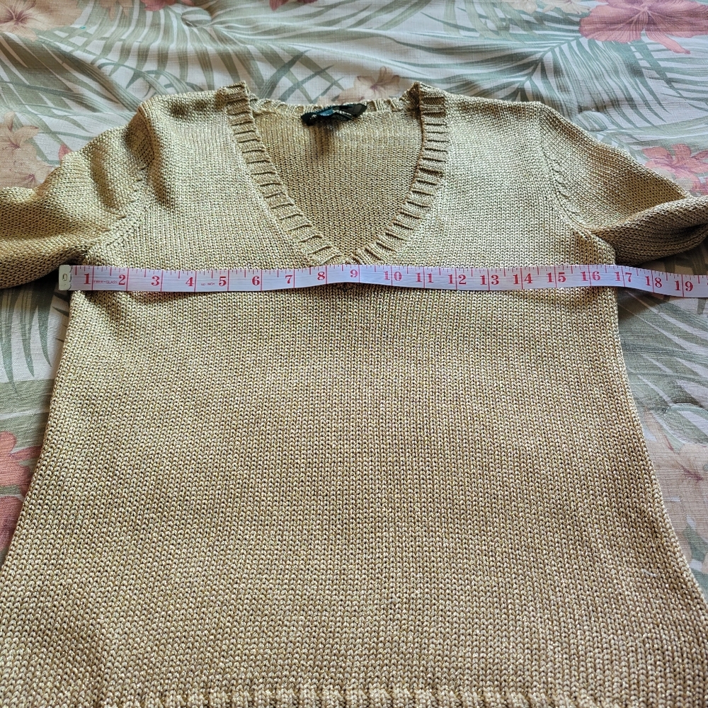 LAUREN Ralph Lauren Gold Metallic V Neck Nautical Sweater 3/4 Sleeve M - Picture 7 of 10